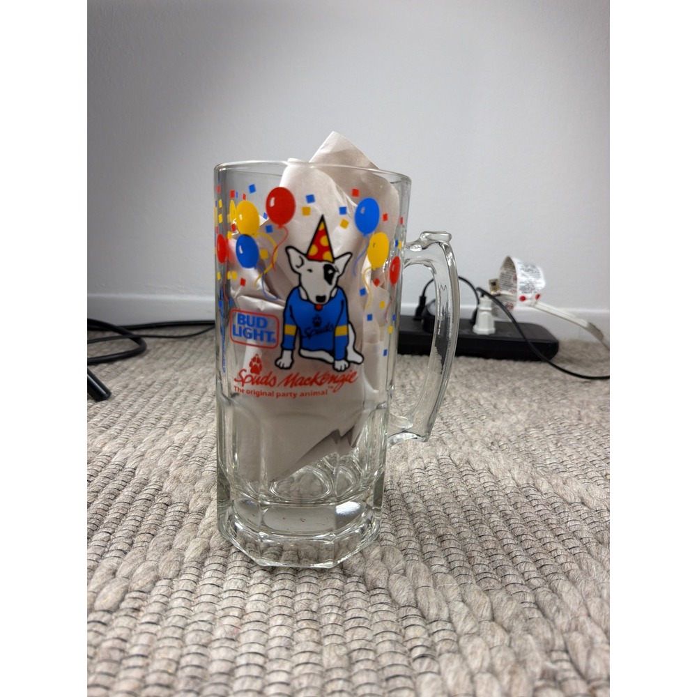 Bud Light Beer Mug Unisex OS Spuds MacKenzie 1987 Vintage Party Animal Glass 8"